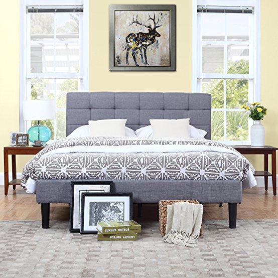 Classic Deluxe Grey Linen Low Profile Platform Bed Frame with Tufted Headboard Design (Full)