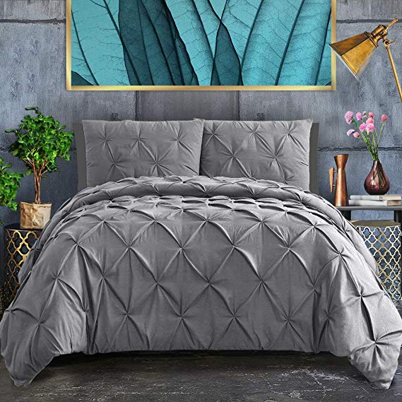 ASHLEYRIVER 3 Piece Luxurious Pinch Pleated Duvet Cover with Zipper & Corner Ties 100% 120 g Microfiber Pintuck Duvet Cover Set(King Grey)