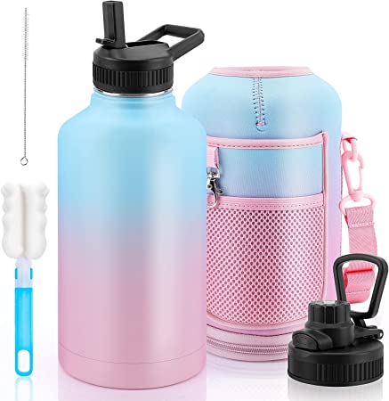 BicycleStore 64 OZ Insulated Water Bottle with Straw and Strap, Half Gallon Stainless Steel Water Bottle Leak Proof Double Vacuum Metal Water Jug Giant Water Flask with 2 Lid for Travel Runing Fitness