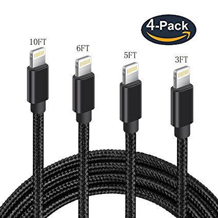 Lightning Cable,4Pack 3FT 5FT 6FT 10FT Manyi Nylon Braided Cables USB Cord Charging Charger for iPhone X , 7 Plus, 6,6s, 6 , 5,5c, 5s, SE,iPad, iPod Nano,iPod Touch (black)