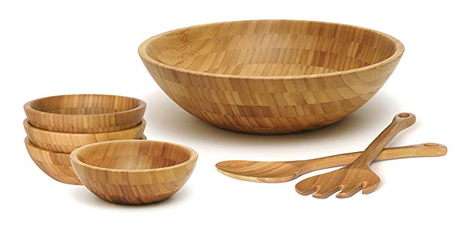 Lipper International 8204-7 Bamboo Wood Salad Bowls with Server Utensils, 7-Piece Set, Assorted Sizes