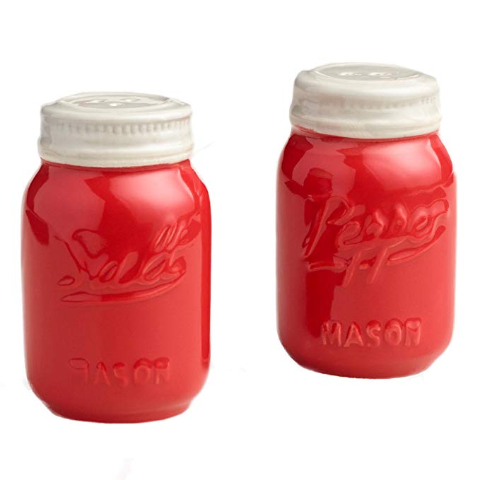 Red Ceramic Mason Jar Salt and Pepper Shaker  - Great Kitchen Accessories | Retro Table Countertop and Kitchen Décor | Wrap for Holiday Gifts, Giveaways, and Souvenirs | 105 mL by World Market