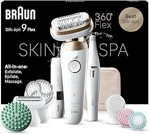 Braun Silk-épil 9 Flex SkinSpa, Épilateur Avec Tête Flexible À 360°, Étanche, Kit Tout-En-Un, Avec Épilateur FaceSpa et Mini-Rasoir Visage 9-681 3D, Blanc/Doré