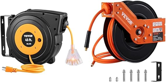 VEVOR Retractable Extension Cord Reel, 45 FT, Heavy Duty 12AWG/3C SJTOW Power Cord & Retractable Air Hose Reel, 3/8 IN x 50 FT Hybrid Air Hose Max 300PSI