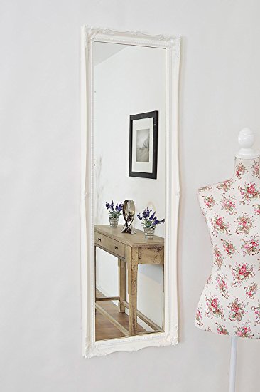 FULL LENGTH WHITE Shabby Chic Style Dressing / Hall MIRROR with Ornate 2" (5cm) Wide Frame - Overall Size 16" x 49"