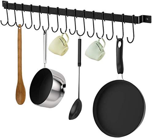 X-Chef Kitchen Rail with 15 S Hooks, 26inch Utensil Rack for Pot Pan Lid Spatula, Kitchen Hooks for Utensils, Black