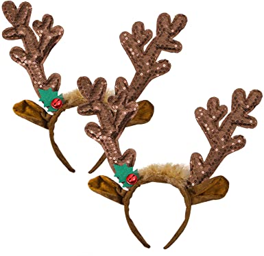 Cooraby 2 Pack Christmas Antler Headband Sequin Reindeer Headband Christmas Headwear Accessory