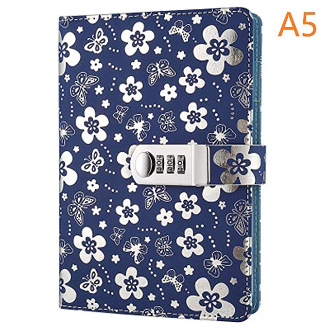 koboome Notebook with Password Lock, A5 Size PU Leather Combination Lock Diary Student Diary Book Business Office Notepad (Silver)