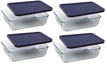 Pyrex Storage 6-Cup Rectangular Dish with Dark Blue Plastic Cover, Clear, Box of 4 Containers …