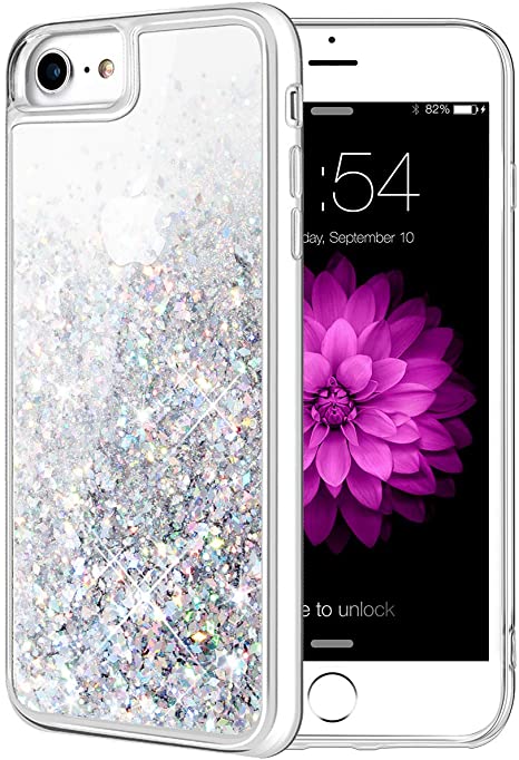 Caka Glitter Case for iPhone 7 8 SE 2020 Case for Women Girls Glitter Bling Shining Liquid Flowing Luxury Sparkle Clear TPU Glitter Case for iPhone 7 8 SE 2020 (4.7 inch) (Silver)