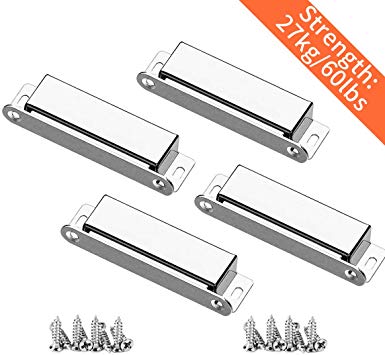 Magnetic Door Catch, 27KG Cupboard Cabinet Magnets Heavy Duty 4 Pack, Strong Stainless Steel Wardrobe Latches with Screws for Kitchen Drawer Closet Door Closures Closer, 95mm