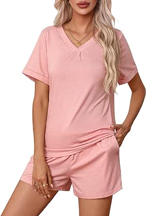 Ekouaer Pajamas Set Womens Short Sleeve V Neck Tee Top and Shorts Sleepwear 2 Piece PJ Sets S-XXL