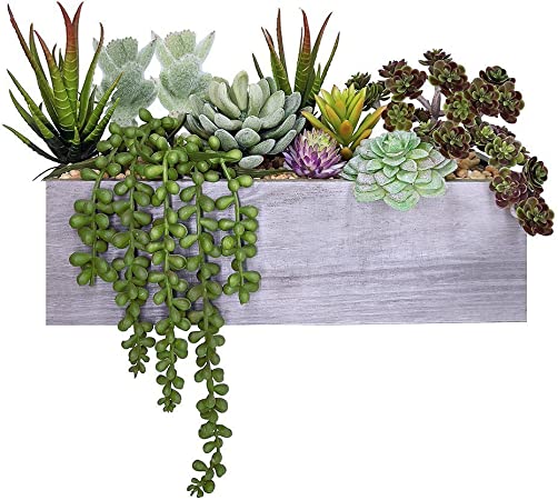 Supla Artificial Pre-Made Succulent Wood Planter Arrangement 10 Pcs Assorted Fake Succulent Plants in Rectangular Wooden Planter Box Faux Potted Succulents Centerpiece Succulent Garden