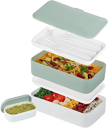 Restaurantware Bento Tek 41 oz Green & White Buddha Box All-in-One Lunch Box - with Utensils, Sauce Cup - 7 1/4" x 4 1/4" x 4" - 1 count box