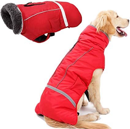Petneces Dog Winter Coat Thick Warm Fleece Lined Jacket for Winter Outdoor Waterproof Reflective Vest