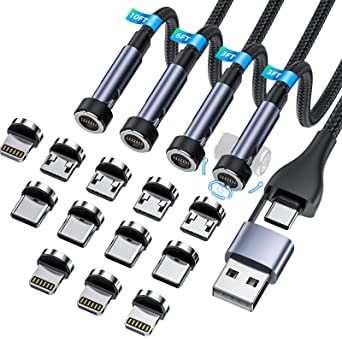 5-in-1 Magnetic Charging Cable, Ankndo 540° Rotation Magnetic Phone Charger [4-Pack,3ft/3ft/6ft/10ft] Magnetic Cable USB A/Type C Fast Charging Cable Magnetic Charger for iPhone/Micro USB/USB C Device