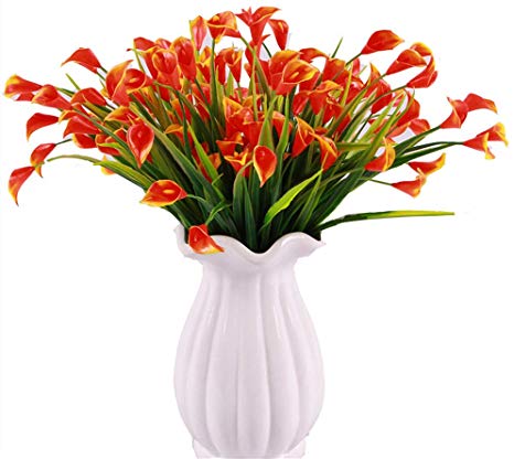 KIRIFLY Artificial Flowers,Artificial Plants Outdoor 6 Packs Plastic Flowers Fake Calla Lily Faux Plant UV Resistant Greenery for Garden Home Decor (Orangey-Red)