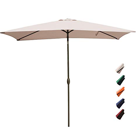 RUBEDER Rectangular Patio Umbrella - 6.6 by 10 Ft Outdoor Market Table Umbrellas with Push Button Tilt and Crank Lift，6 Sturdy Square Ribs (6.6 by 10 Ft, Beige)