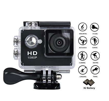 GULEEK Underwater Action Camera 1080P Full HD Action Cam 12MP Waterproof 30M 155 Degree Wide Angle Lens 2.0 inch LCD Screen Two Rechargeable Batteries With Kit of Accessories DV Camcorder Black