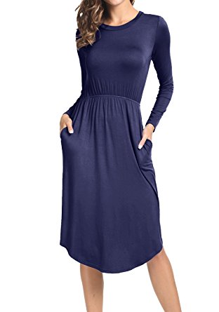 Levaca Women's 3/4 Sleeve Elastic Waist Pockets Swing Casual Flare Midi Dress