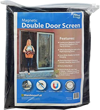 Magnetic Screen Double Door for French/Siding Door, 72Wx80H, Black Trim, Super Tight Self Closing Magnetic Seal, Heavy Duty Flame Resistant Fiberglass Mesh with Full Frame Mounting Tape, Fenestrelle