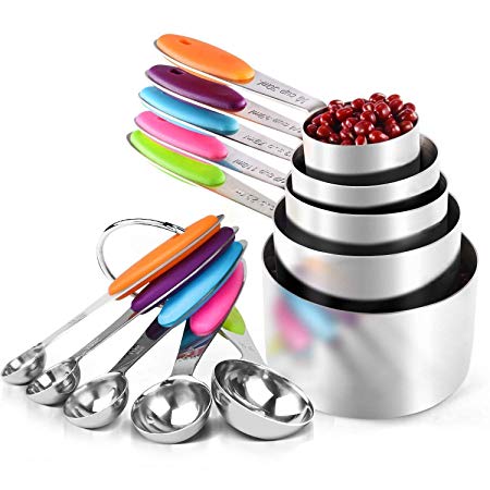 Bemarten Measuring Cups and Spoons Set, Multicolored Silicone Handles for Measuring Dry and Liquid Ingredients Perfect for Baking, Durable 304 Stainless Steel 5 Measuring Cups and 5 Measuring Spoons with 2 O Rings