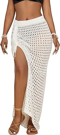 Bsubseach Crochet Cover Up Skirt 2024 Knit Drawstring Long Coverups for Swimwear Women Elastic Waist Beach Wrap S-L