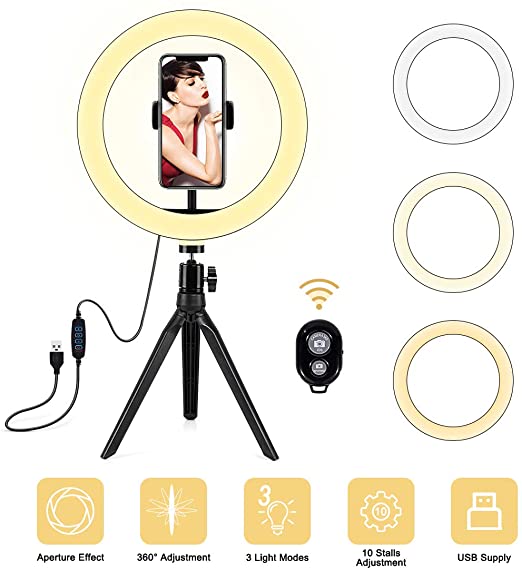 10” LED Ring Light with Tripod Stand & Phone Holder for YouTube Video Live Stream Makeup Photography, 3 Light Modes and 10 Brightness Levels Dimmable for iPhone/Android