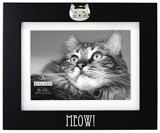 Malden International Designs Black Matted Picture Frame "Meow" with Metal Cat Attachment Picture Frame, 4x6/5x7, Brown
