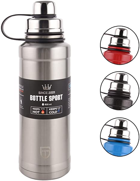 GTI Stainless Steel Vacuum Insulated Water Bottle, 28 Ounce Sports Thermos Flask with Spout Lid, Built-in Filter Thermo Mug, Keeps Hot or Cold with Double Wall Insulated Sweat Proof Design, Silver.