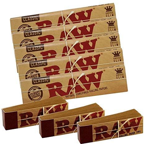 RAW 5 Classic Kingsize Slim Rolling Papers and 3 Tips,
