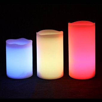 3 pcs Set Ivory Wax Flickering Flameless Color-Changing Candles Glowing LED Pillar w/ Remote Control, Valentine Party Decoration Centerpieces Weddings 6, 5, 4 inch