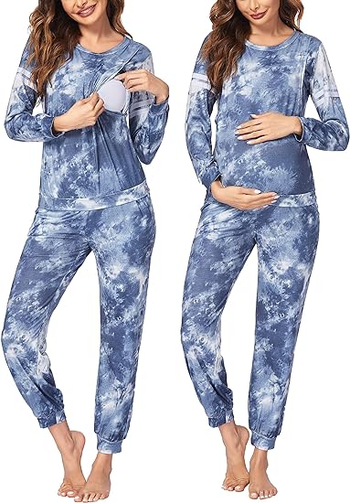 Ekouaer Materntiy & Nursing Pajamas Sets Long Sleeve Breatfeeding Pajamas with Jogger Pants for Hospital