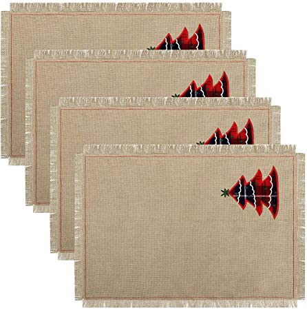 yuboo Christmas Burlap Placemats Set of 4, 13" x 19" Rustic Holiday Ornaments Farmhouse