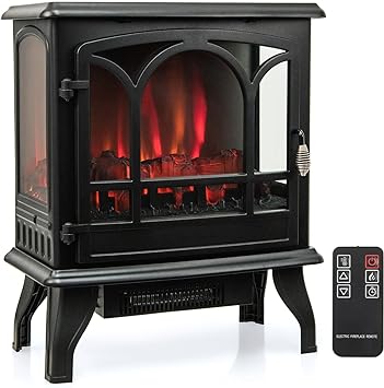 COSTWAY Electric Fireplace Stove with 3-Sided View, Remote Control, 1400W Portable Freestanding Heater with Thermostat, 3-Level Brightness, 0.5-6H Timer, Overheat Protection, CSA Certification, Black