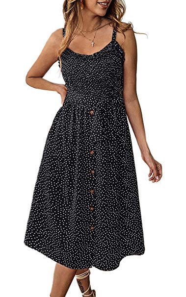 Angashion Women's Dresses - Summer Boho Floral Spaghetti Strap Button Down Belt Swing A line Midi Dress with Pockets