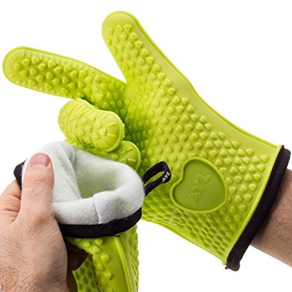 AYL XL/XXL Silicone Cooking Gloves - Heat Resistant Oven Mitt for Grilling, BBQ, Kitchen - Safe Handling of Pots and Pans - Cooking & Baking Non-Slip Potholders - Internal Protective Cotton Layer
