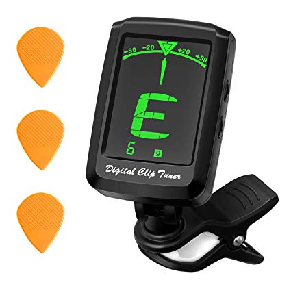 Guitar Tuner, TOPELEK digital Clip-on Tuner, Large LCD Display&360 Degree Rotating,Five Modes for Guitar, Cavaquinho, Violin, Ukulele and Other Stringed Instruments (3 Plectrum Included)