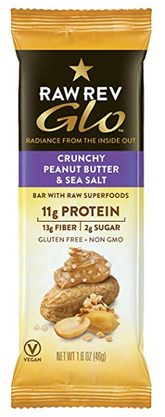Raw Rev Glo Protein Bars, Crunchy Peanut Butter & Sea Salt, 1.6 Ounce Bar (Pack of 12) 11g Protein, 2g Sugar, 13g Fiber, Keto-Friendly, Vegan, Plant-Based Protein, Gluten-Free Snack Bar