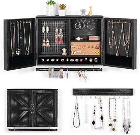 XCSOURCE Wall Hanging Jewelry Organizer Rustic| Wall Mounted Mesh Jewelry Holder | Wooden Wall Mount Holder for Necklaces, Bracelets, Earrings, Ring Holder, Accessories | Hanging Jewelry Box(Black)