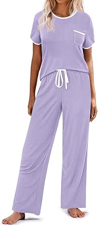 Ekouaer Women Lounge Pajamas Sets Ribbed Knit PJ Short Sleeve and Long Pajama Pant Soft 2 Piece Sleepwear Loungwear Set