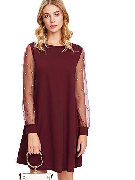 DIDK Women's Velvet Tunic Dress with Embroidered Floral Mesh Bishop Sleeve