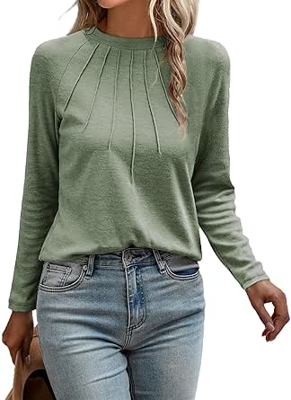 EVALESS Womens Casual Crewneck Tops Trendy Long Sleeve Shirts Fall 2024 Basic T Shirts Loose Fit Pleated Tunic Tops Solid Tee