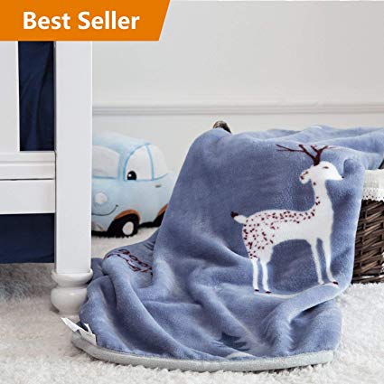 TILLYOU ALL-SEASON Flannel Fleece Baby Blanket for Boys, Ultra Soft Plush Bebe Blanket for Toddler Bed, Crib, Sofa - Thermal Warm Hypoallergenic - 100% Microfiber Polyester, 39x47 Navy Reindeer(Large)