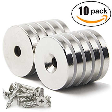 DIYMAG 10 Pack 1.26”D x 0.2”H Neodymium Disc Countersunk Hole Magnets. Strong, Permanent, Rare Earth Magnets,With 10 screws.
