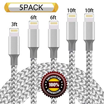 iPhone Charger,BULESK MFi Certified Lightning Cable 5Pack 3FT 6FT 6FT 10FT 10FT Extra Long Nylon Braided USB Charging & Syncing Cord Compatible iPhone Xs/Max/XR/X/8/8Plus/7/7Plus/6S Plus - Grey White
