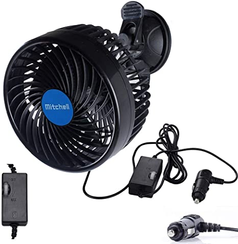 QIFUN 12V Car Fan, Electric 4.5 inch Car Cooling Fan, 360 Degree Adjustable Vehicle Powerful Fan with Suction Cup & Cigarette Lighter Plug for Car Truck Van SUV RV Boat