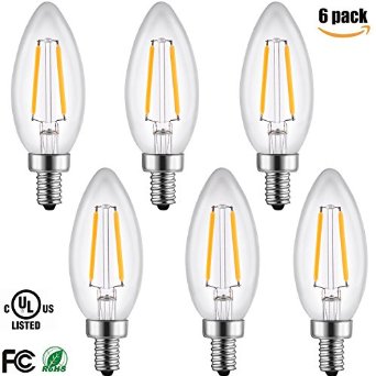LETO B11 2W 6-Pack LED Dimmable Filament Candelabra E12 Base led bulbs for ceiling fans UL Listed-25W Equivalent Soft White 2700K