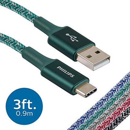 Philips 3 Ft. 2 Pack USB Type C Cable, USB-A to USB-C Emerald Durable Braided Fast Charging Cable, Compatible with iPad Pro, MacBook Pro, Samsung Galaxy S10 S9 Note 9 8 S8 Plus, DLC5223EA/37