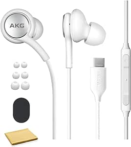 AKG Earbuds Stereo USB C Headphones for iPhone 15, iPhone 15 Pro Max, by AKG, Headphones w/Mic & Volume Control, USB Type C Headphones, Compatible with All Type C Devices, White, W/Pouch and Cloth